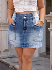 SHEIN Essnce Minifalda de mezclilla casual de talle alto lavado para tallas grandes - Azul - Ver 1