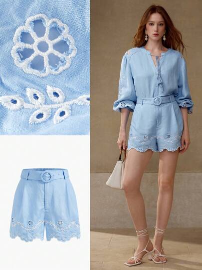 MOTF PREMIUM LINEN FLORAL EMBROIDERY SHORTS