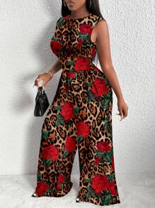 Slaydiva 大码时尚豹纹和花朵印花无袖连体裤，适合夏季 - 紅色 - 查看 5