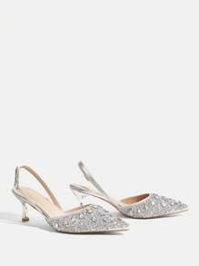 CUCCOO TILAWA Zapatos de tacón alto con puntera puntiaguda y brillo plateado, zapatos de fiesta y boda con adornos de strass, tacones altos delgados para mujer - Plateado - Ver 6