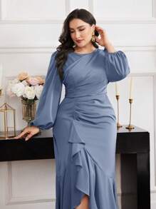 Modelyn Plus-size effen jurk met lange mouwen, modieus voor de zomer
