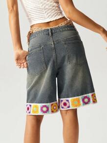 Bohemela 女式钩针图案口袋宽松休闲百搭牛仔短裤 - 寶藍色 - 查看 5