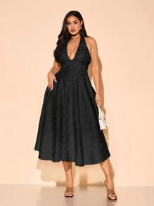 SHEIN BAE Vestido elegante de mujer talla grande con cuello en V profundo y estampado floral jacquard, para fiesta de cumpleaños, boda, dama de honor, cóctel, vestido de noche