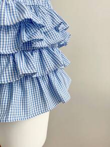 Elamini 女式格子荷叶边蝴蝶结装饰可爱短裤 - 藍色 - 查看 4