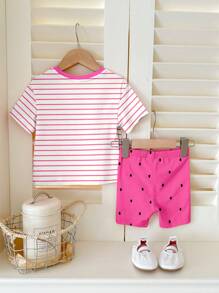 SHEIN Happikins Baby Girl Casual Minimalist Round Neck Short Sleeve T-Shirt And Snug Fit Shorts Set, Suitable For Spring & Summer - Multicolor - View 3