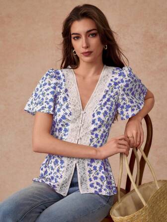 Écloséra V领蕾丝拼接泡泡袖碎花优雅女式衬衫