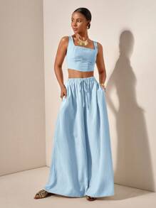 Zivah 2pcs Spring/Summer Vacation Casual Fishbone Straps Crop Top And Wide Leg Pants With Pockets Set - B, Textured Fabric Island Vacation Outfits - Blue - View 7