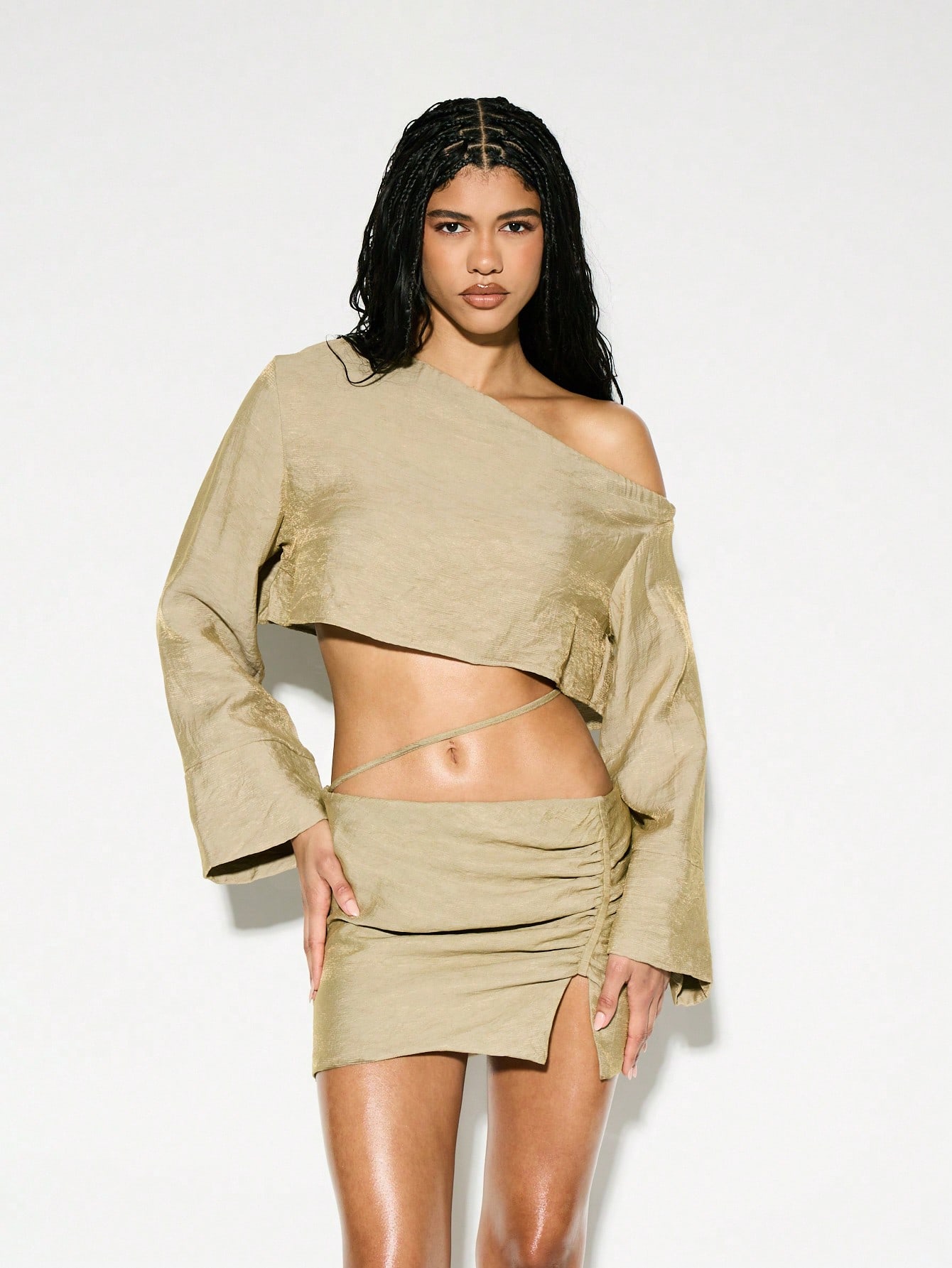 KIZN One Shoulder Long Bell Sleeve Crop Top Modern Fashion