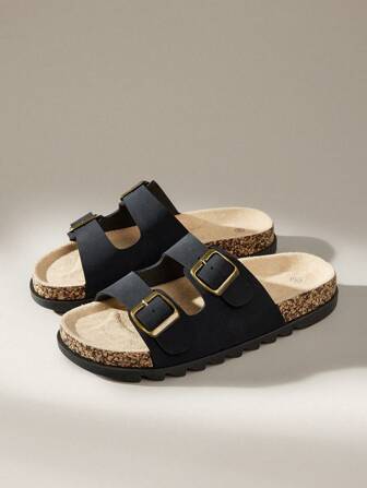 Solecia 女士黑色舒适厚底平底凉鞋，适合度假、居家穿着和休闲场合