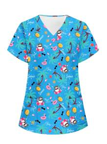 PopScrub Cartoon Print V-Neck Short Sleeve Pocket Scrub Uniform Shirt Scrub Sets For Scrub Sets Nurse Scrub Sets Women Scrubs For Women,Women's Fashion Casual Sports Scrub Tops, Business Women Clothing, Women's Summer Tops Multi-Occasion Wear Versatility, Women's Summer Beach Shirts,Tops With Cute Puppies, Bees, Insects, Kittens, Flowers, Grass, Trees, Hearts, Clouds, Ice Cream, Donuts, Butterflies, Starfish, Tie-Dye And Other Printed Patterns - Blue - View 6