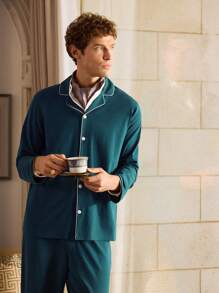 Men 2pcs/Set Pajama Set With Long Sleeve Top And Pants, Home Outfit - Green - View 4
