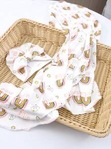 SHEIN 新生儿女孩摄影道具彩虹印花襁褓毯配配套头巾帽女婴摄影包巾