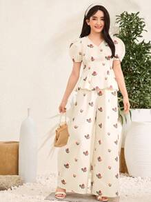 SHEIN Teen Girls Floral Pattern Ruffled V-Neck Balloon Sleeve Top And Pants 2 Pieces Set, Casual - White - View 6