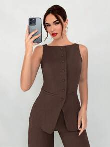 Aloruh Women's 2pcs Office Wear Set: Khaki Lapel Decoration Sleeveless Blazer & Trousers In Fall/Winter - Mocha Brown - View 4