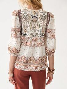 Florisole Women's Bohemian V-Neck Fringe Linen Blend 3/4 Sleeve Printed Blouse, Spring/Summer