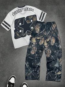 Manfinity EMRG Men's Large Digital English Slogan Star Tree Pattern Printed V-Neck Short-Sleeved T-Shirt And Drawstring Waist Shorts Street Sports Suit, Two Pieces Suit - White - View 2