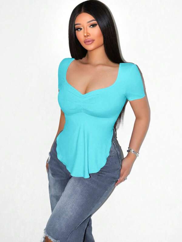 Zolique Foxxy Women Solid Color Casual Asymmetrical Hem Crew Neck Long Sleeve T-Shirt