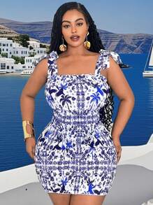 Slaydiva Vestido de playa ajustado con estampado y detalle de lazo para mujer de talla grande para vacaciones