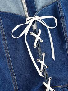 SHEIN MOD Women's Casual Criss-Cross Tie Up Puff Sleeve Denim Jacket - Medium Wash - View 4