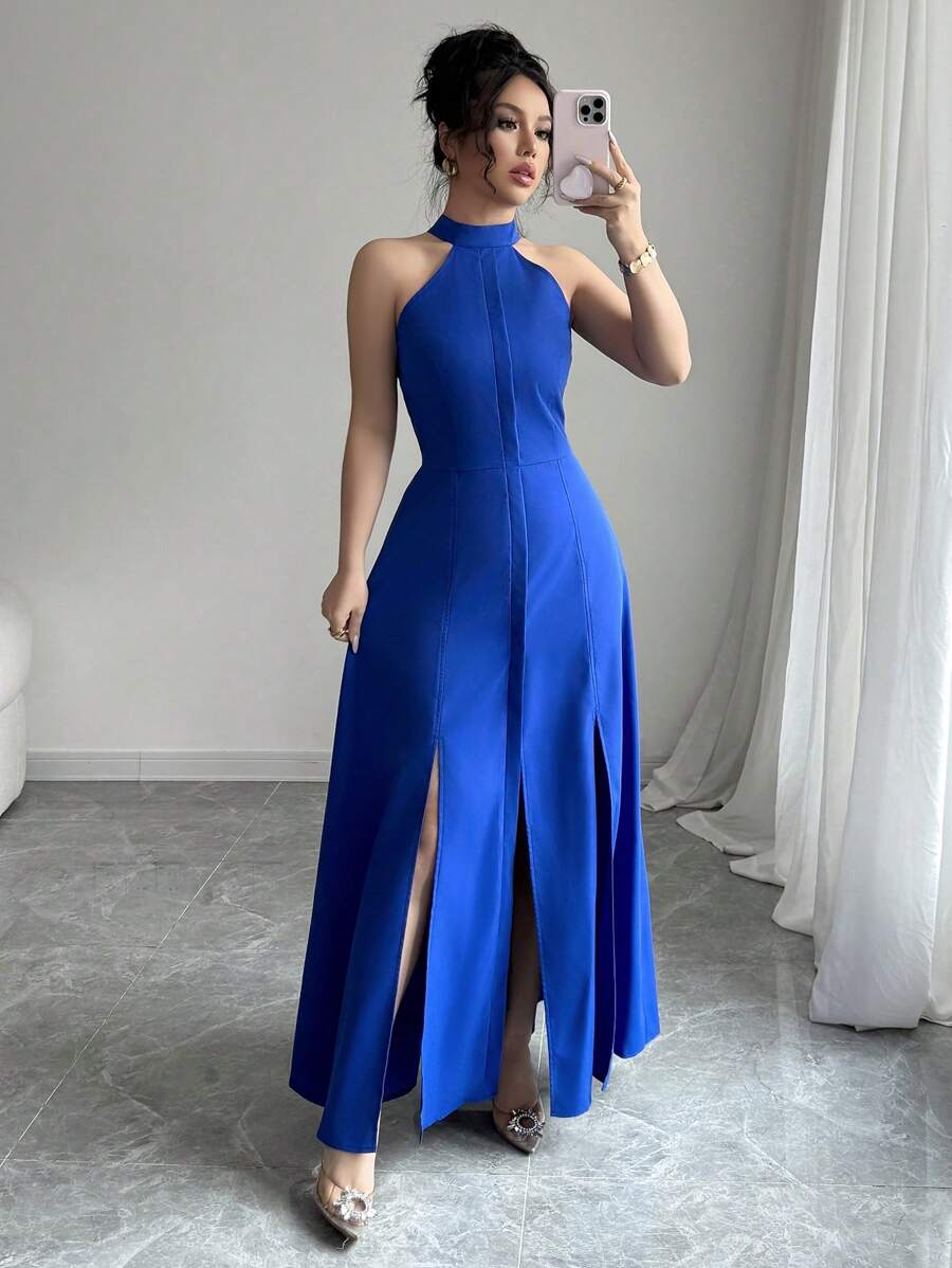 Elenzga New Spring/Summer Women Elegant Sleeveless Split Dress - Blue - View 1