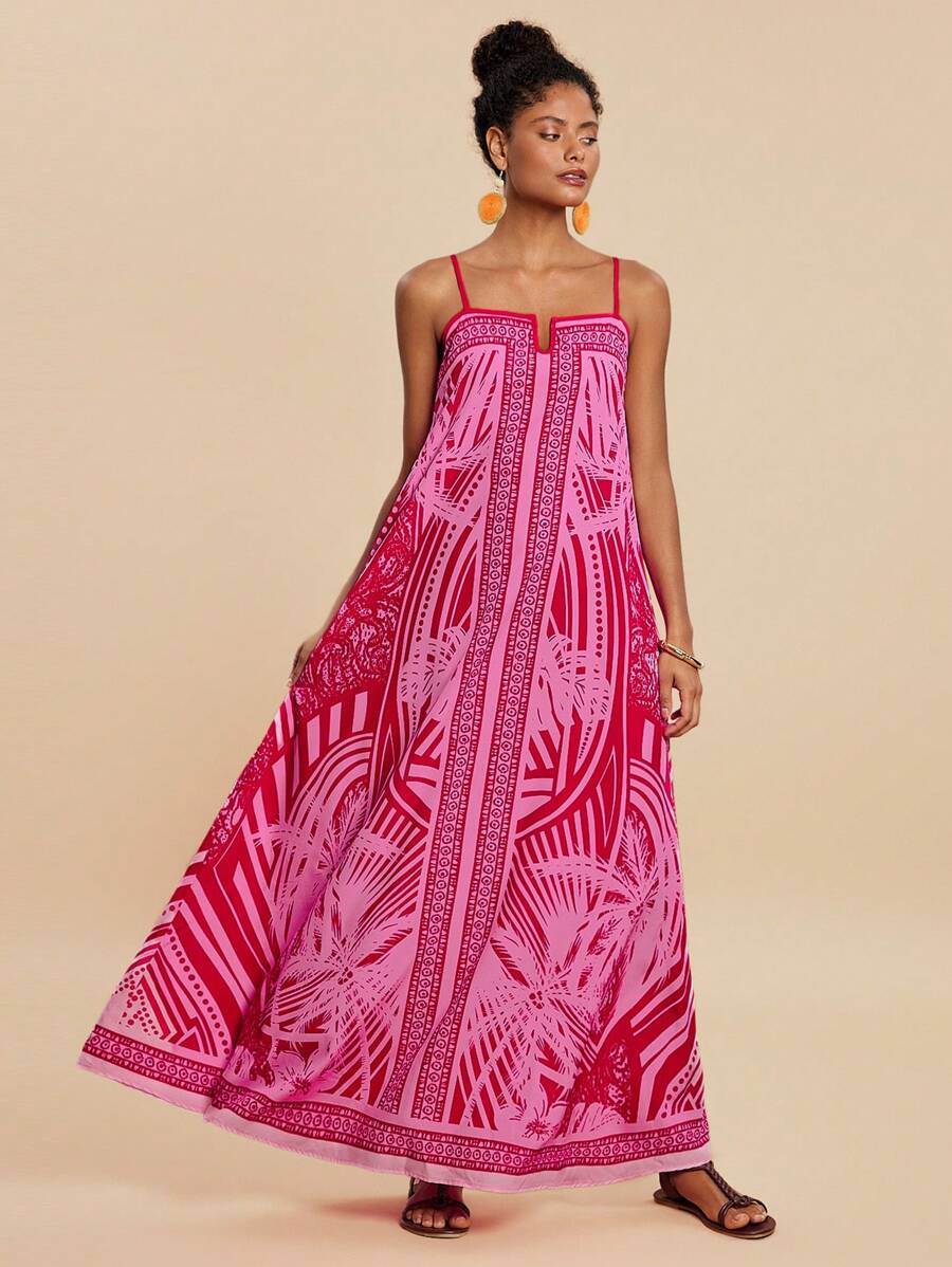 Travachic 女士休闲花卉印花细肩带度假连衣裙 - 粉色 - 查看 1