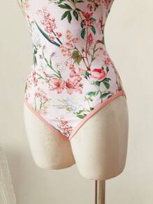 SHEIN MOD Costume da bagno a una pieza casual da donna con stampa floreale a maglia, con spalline e dettagli con nodo