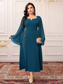 Modelyn Vestido elegante de talla grande para mujer con manga abullonada, plisado y cintura anudada en unicolor