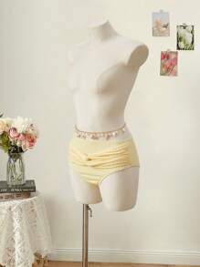 SHEIN MOD 前扭结、后收紧提花面料黄色比基尼泳裤、收腹泳衣