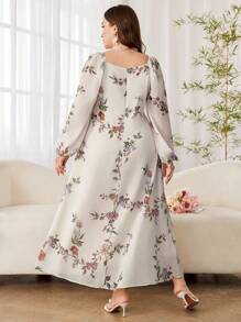 Modelyn Đầm đi nghỉ bằng vải chiffon in hoa thanh lịch cổ vuông tay đèn lồng cỡ lớn cho nữ - Nhiều màu - Xem 2