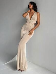 Aloruh Women's Spring And Summer Vacation Daily Sexy Solid Color Dress Deep V Pleated Breast Cup Waist Hollowed Out Buttocks Fishtail Blue Dress Cross Backless Tight Maxi Dress Dresses For Wedding Event