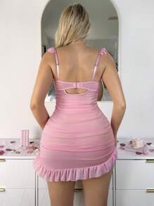 PetitDoll 2pcs Women Sexy Ruched Mesh Lingerie Set - Pink - View 2