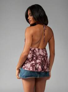 MISSGUIDED Top canottiera con collo alto a balze, stampa floreale in chiffon, con fiocco davanti e schiena scoperta, stile Y2K, adatto per festival estivi