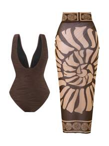 Swim Oasis Nouveau Maillot de bain une pièce pour femmes en jacquard unicolore à col en V avec robe de plage en maille imprimée. Ensemble de maillot de bain d'été décontracté pour vacances