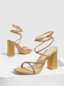 SHEIN X Belle Mariano CUCCOO SZL 夏季时尚水钻装饰高跟凉鞋，圣诞节必备 - 棕色 - 查看 10