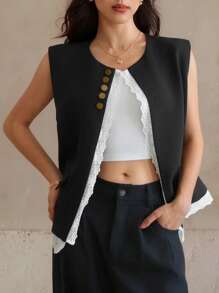 DAZY Women's 2 In 1 Contrast Color Lace Panel Sleeveless Blazer Vest Business Attire - Black and White - View 5