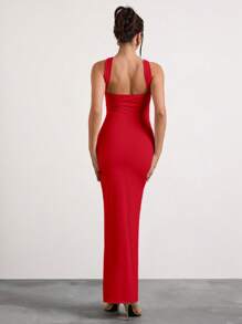 Glamine 米色露肩褶皱挂脖长裙、节日派对狂欢裙、约会夜服装、女士生日服装、情人节服装 - 紅色 - 查看 2