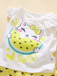 SHEIN Playful Pals 2 Stücke/Set Baby Mädchen Kleinkind 0-3 Jahre Sommer Neu Lässig Süß Cartoon Katze isst Wassermelone Muster Capshirt und rosa Herz Shorts Set