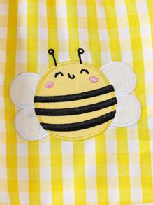 SHEIN Playful Pals Baby Girl Summer Plaid Print Applique Bee Front Button Dress