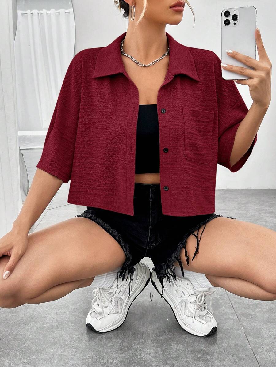 SHEIN EZwear Summer Drop Shoulder Pocket Patched Shirt Without Cami Top Red - Burgundy - View 1