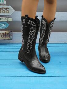 ROMWE Fairycore Mid-Calf Western Style Colorblock Cowboy Boots, 2024 Spring/Summer New Arrival Fall For Christmas And New Year Holiday Valentines Spring Shoes