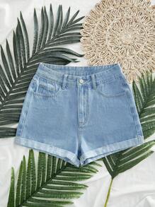 SHEIN EZwear Pantaloncini di jeans casual estivi lavati con orlo arrotolato