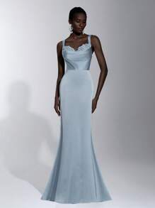 Elitara Elegante, romántico y sexy vestido de sirena azul de satén con decoración de encaje 3D floral, sin mangas, sin tirantes, hombros descubiertos y espalda descubierta, adecuado para fiestas de cumpleaños, eventos de boda y dama de honor