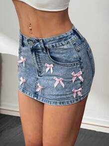 SHEIN PETITE Women's Blue Denim Skirt With Sweet Bow Y2Kmini Skirt Music Festival Outfits - Light Wash - View 6