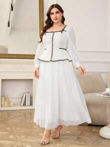Modelyn Square Neck Elegant Plus Size 2 In 1 Dress Fall Cloth For Women - White - View 3