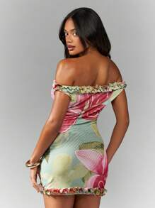 MISSGUIDED Off Shoulder Floral Mini Dress With Ruffle Trim Summer Beach Party Hawaiian Tropical Print Bodycon Short Dress Fresh Spring Vacation Style Summer Dresses For Women - Multicolor - View 2