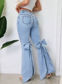 SHEIN SXY Casual Party Cute Bow Decor Women Flare Leg Jeans