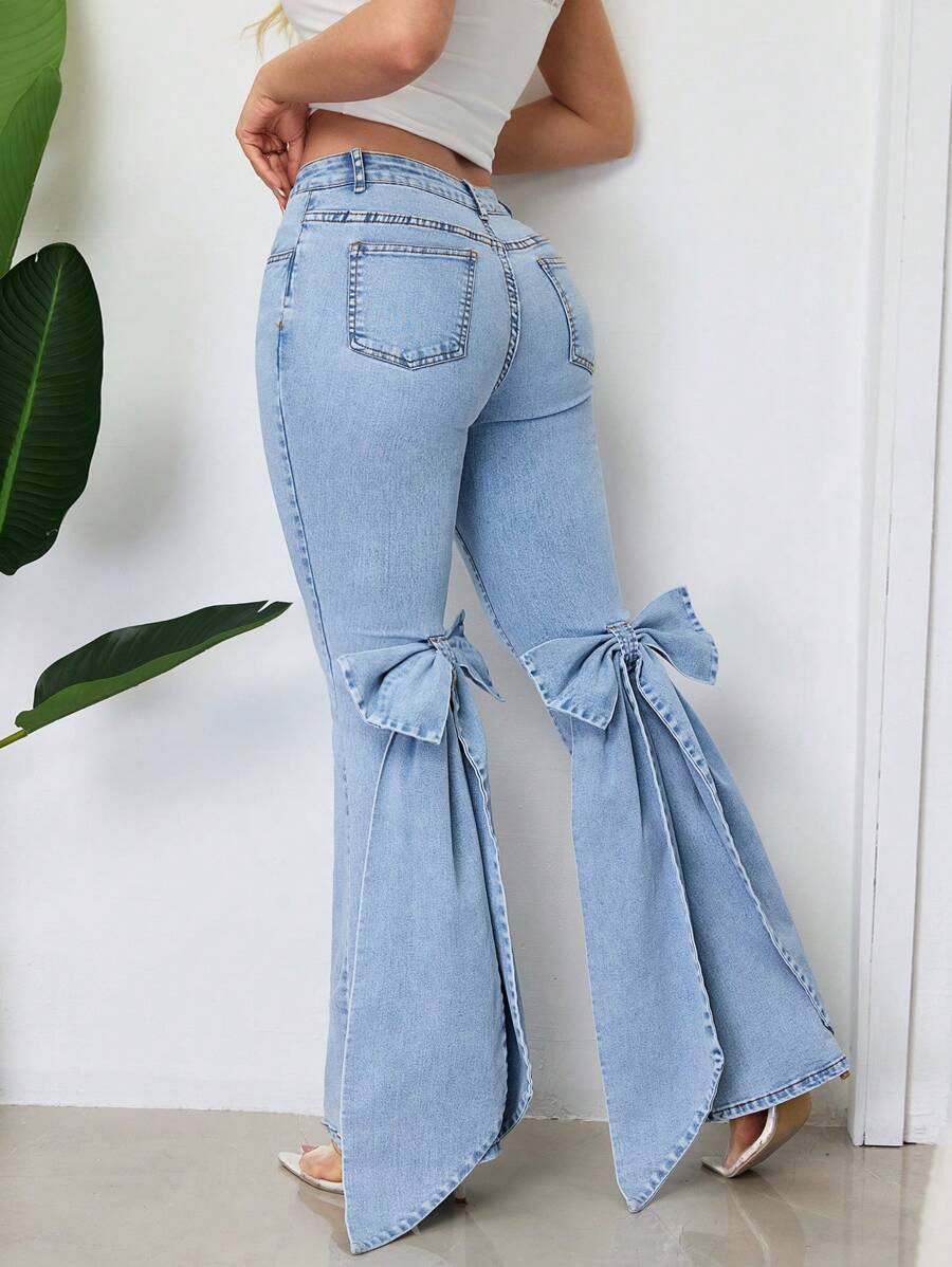 SHEIN SXY Casual Party Cute Bow Decor Women Flare Leg Jeans
