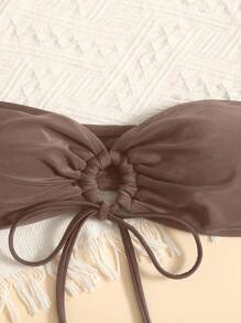 SHEIN Swim 女士纯色抹胸泳衣上衣，夏季时尚 - 棕色 - 查看 3