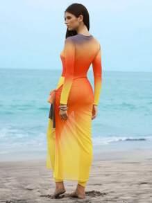 Swim Shayni 4pcs/Set Women Random Print Round Neck Long Sleeve Romper, Elastic Waist Long Swimming Shorts, Skirt And Hat For Summer Beach Vacation - Multicolor - View 2