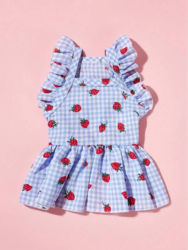 PETSIN 1pc Pet Dog Cat Universal Gingham Strawberry Print Cute Cap Sleeve Dress